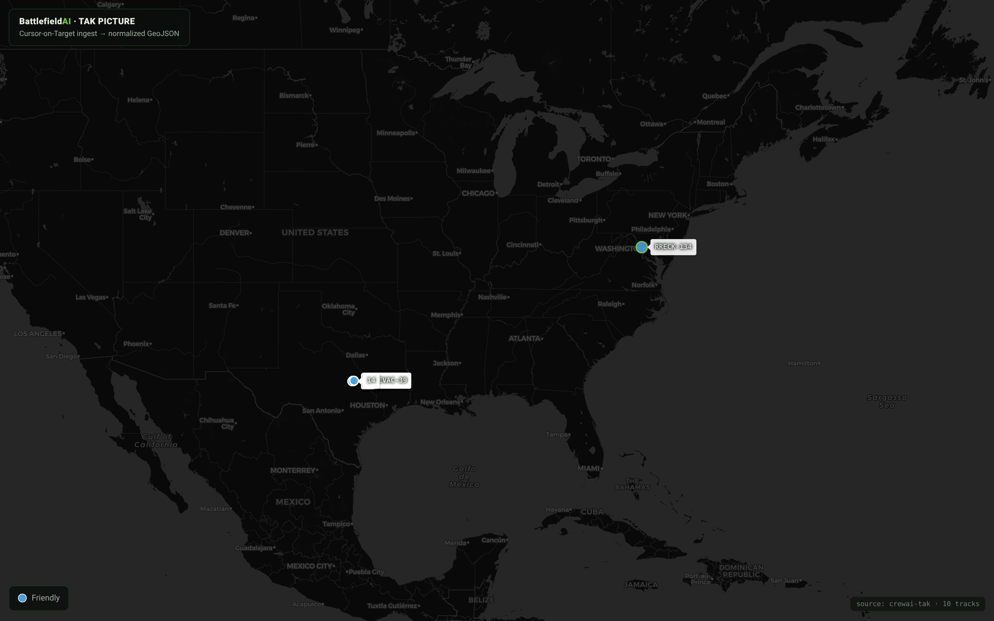Wide-area view — a live reporting track and a unit cluster rendered across the continental US