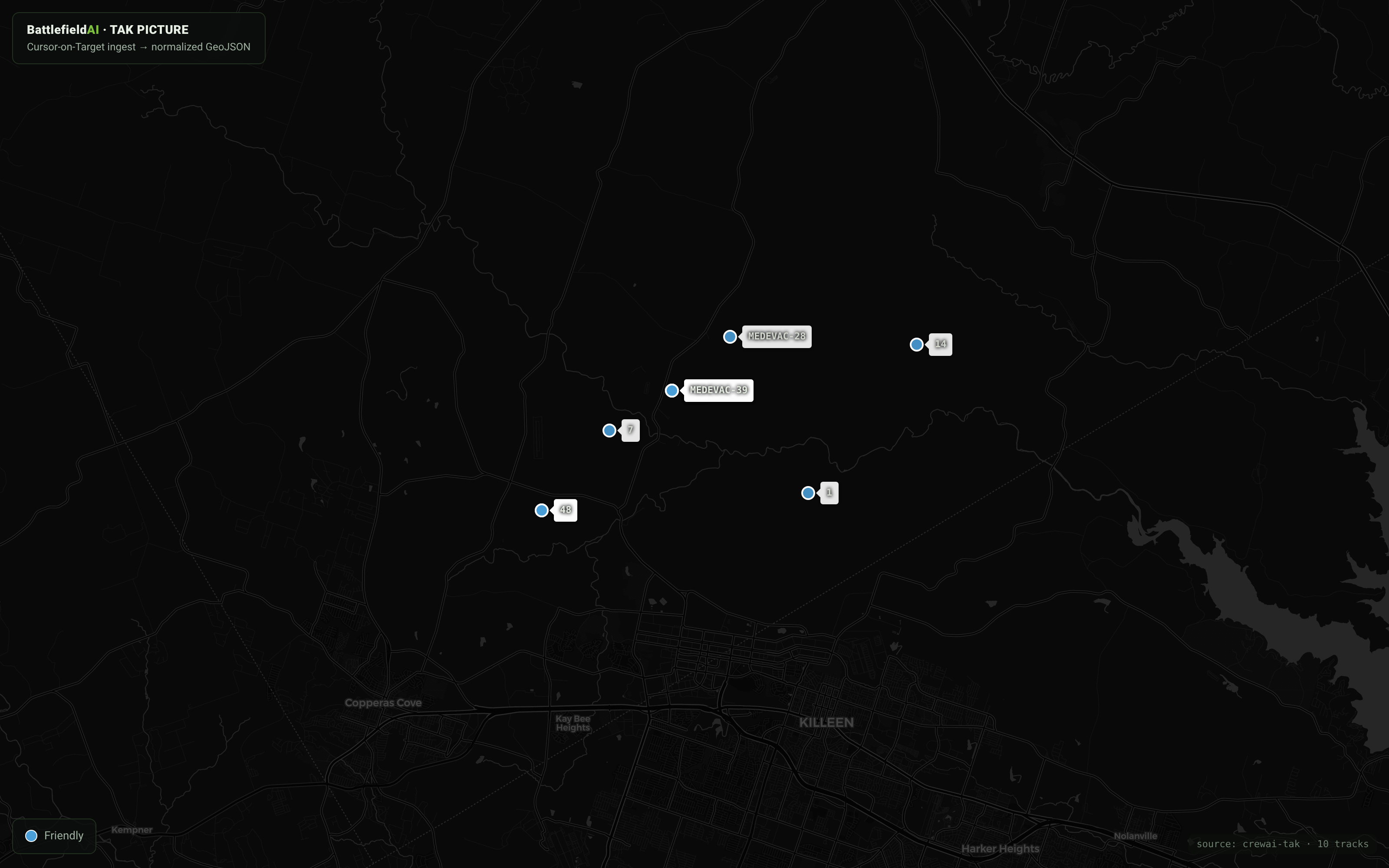 Tactical picture — friendly and MEDEVAC tracks rendered from ingested Cursor-on-Target data